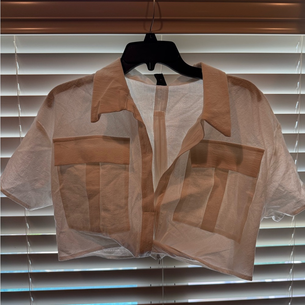 Sheer White and Tan Cropped Shirt